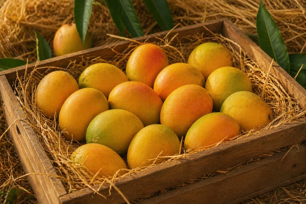Ripe mangoes layered in straw inside a rustic wooden crate with mango leaves